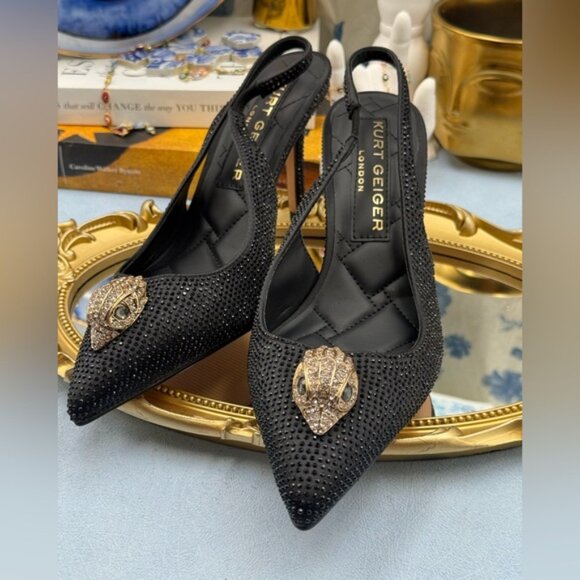 🆕 KURT GEIGER LONDON 🧿 NWOB Belgravia Black Crystal Sling Back Heel, Sz 38 7.5 - Picture 11 of 16